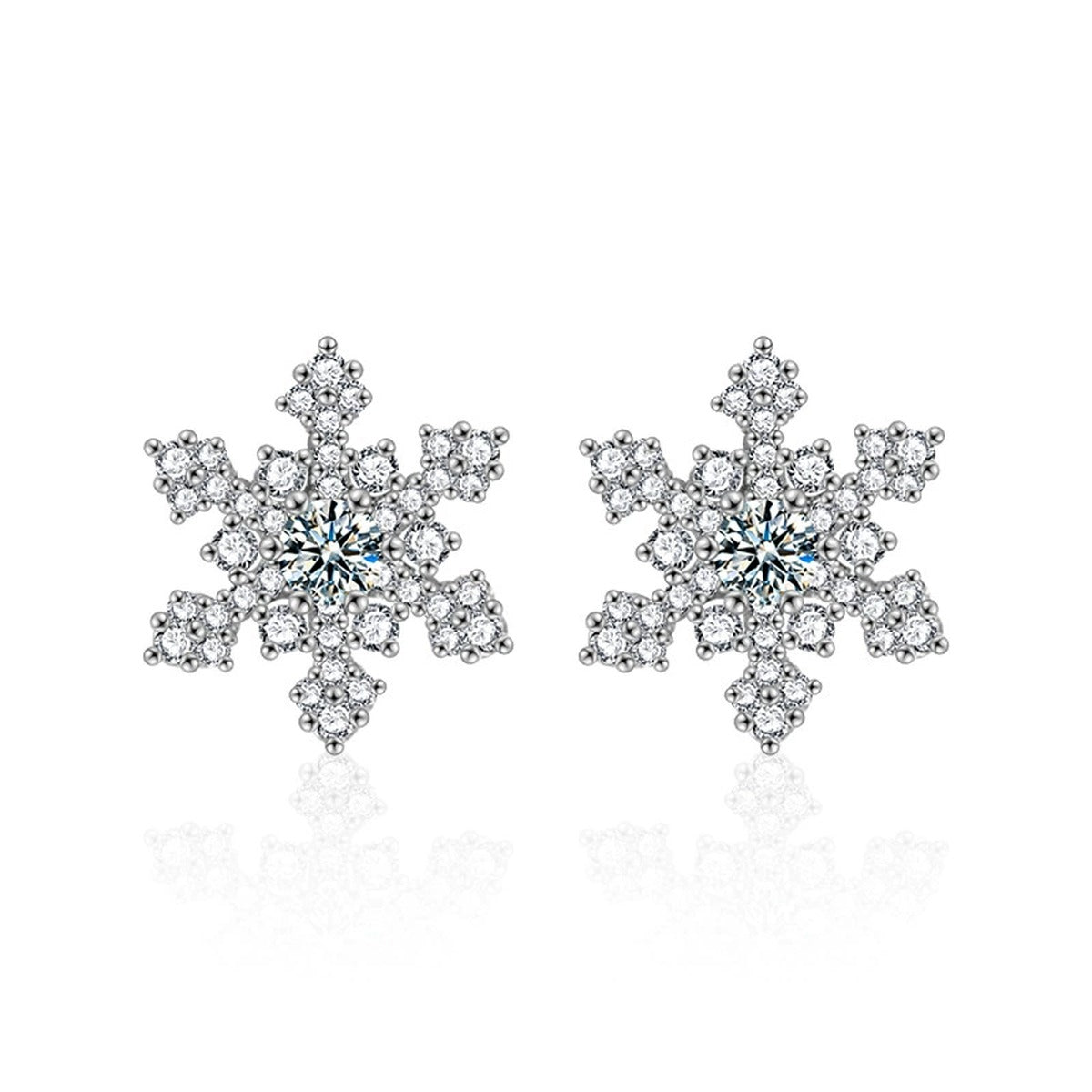 Snowflake Round Moissanite Stud Earrings with CZ in White Gold-Plated S925 sterling silver white background product photo showing the pair, stone shape, and stud earrings silhouette