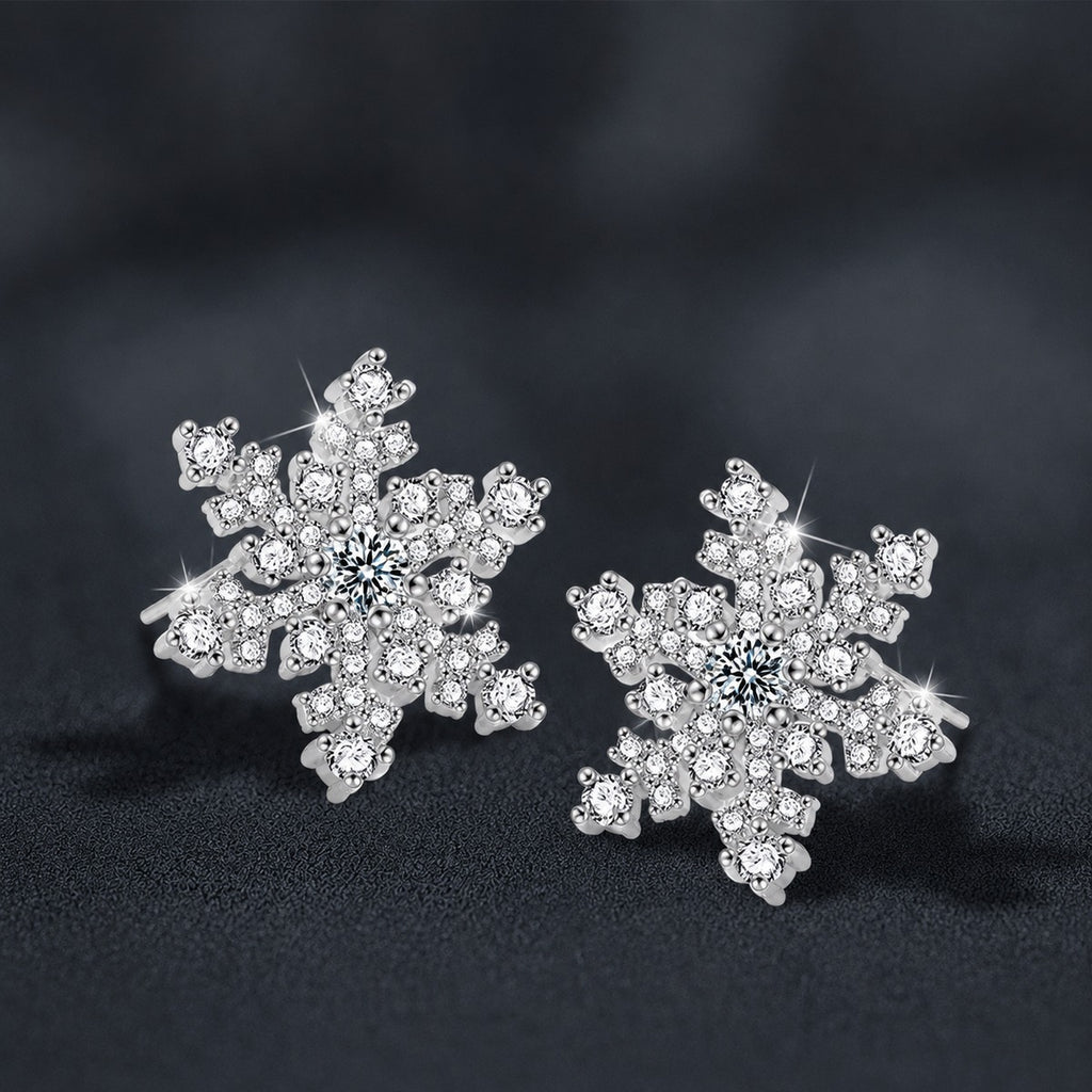 Snowflake Round Moissanite Stud Earrings with CZ in White Gold-Plated S925 sterling silver product scene view showing front sparkle