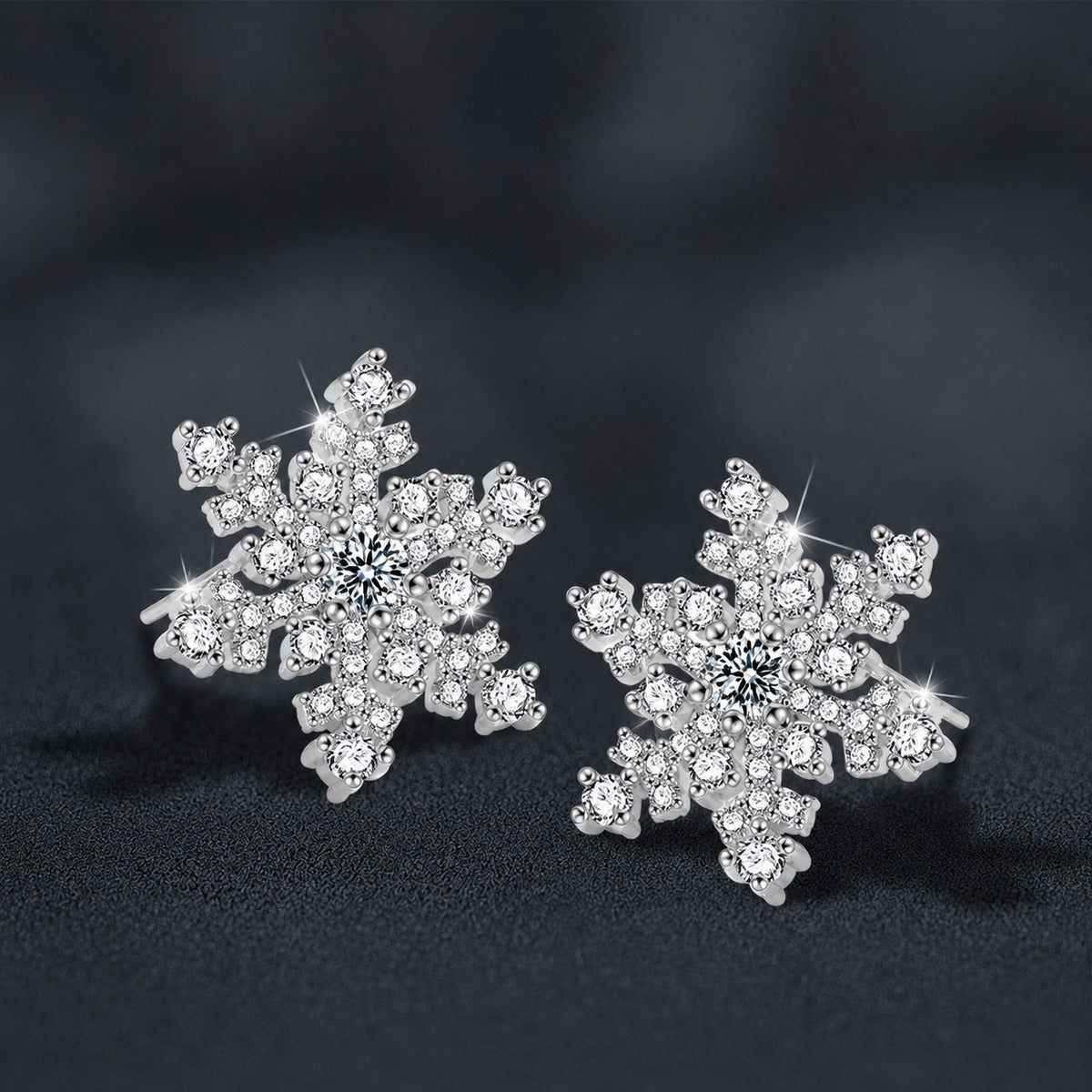 Snowflake Round Moissanite Stud Earrings with CZ in White Gold-Plated S925 sterling silver product scene view showing front sparkle