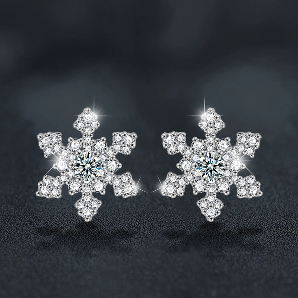 Snowflake Round Moissanite Stud Earrings with CZ in White Gold-Plated S925 sterling silver product scene view showing angled setting detail