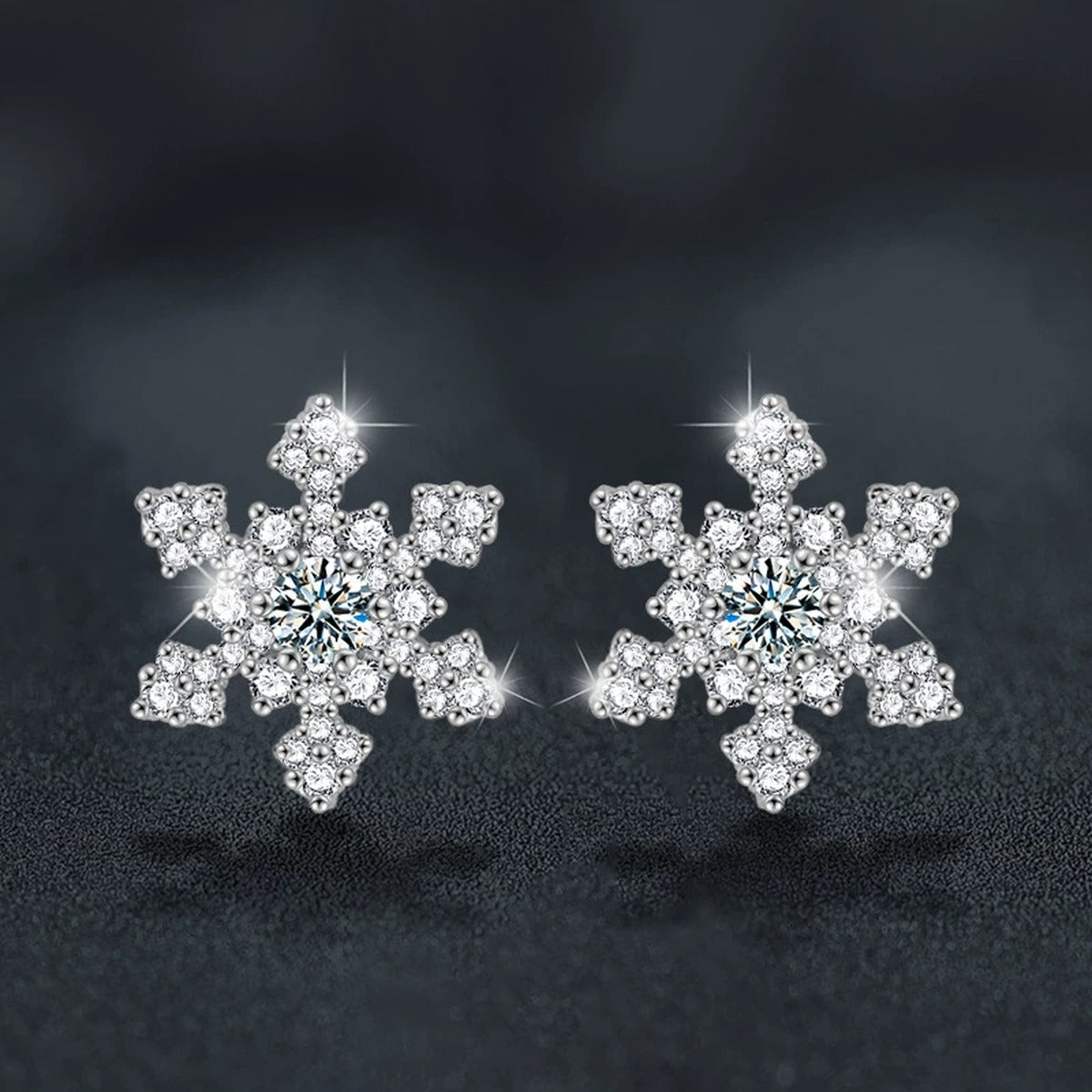Snowflake Round Moissanite Stud Earrings with CZ in White Gold-Plated S925 sterling silver product scene view showing angled setting detail