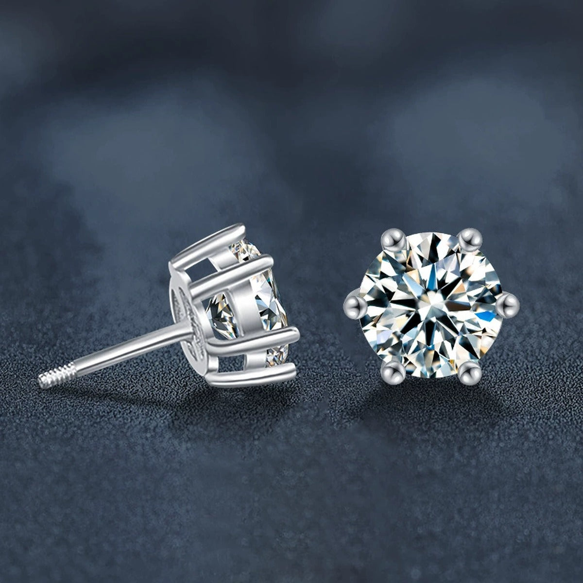 Six-Prong Round Moissanite Screw-Back Stud Earrings in Gold-Plated S925 sterling silver product scene view showing angled setting detail