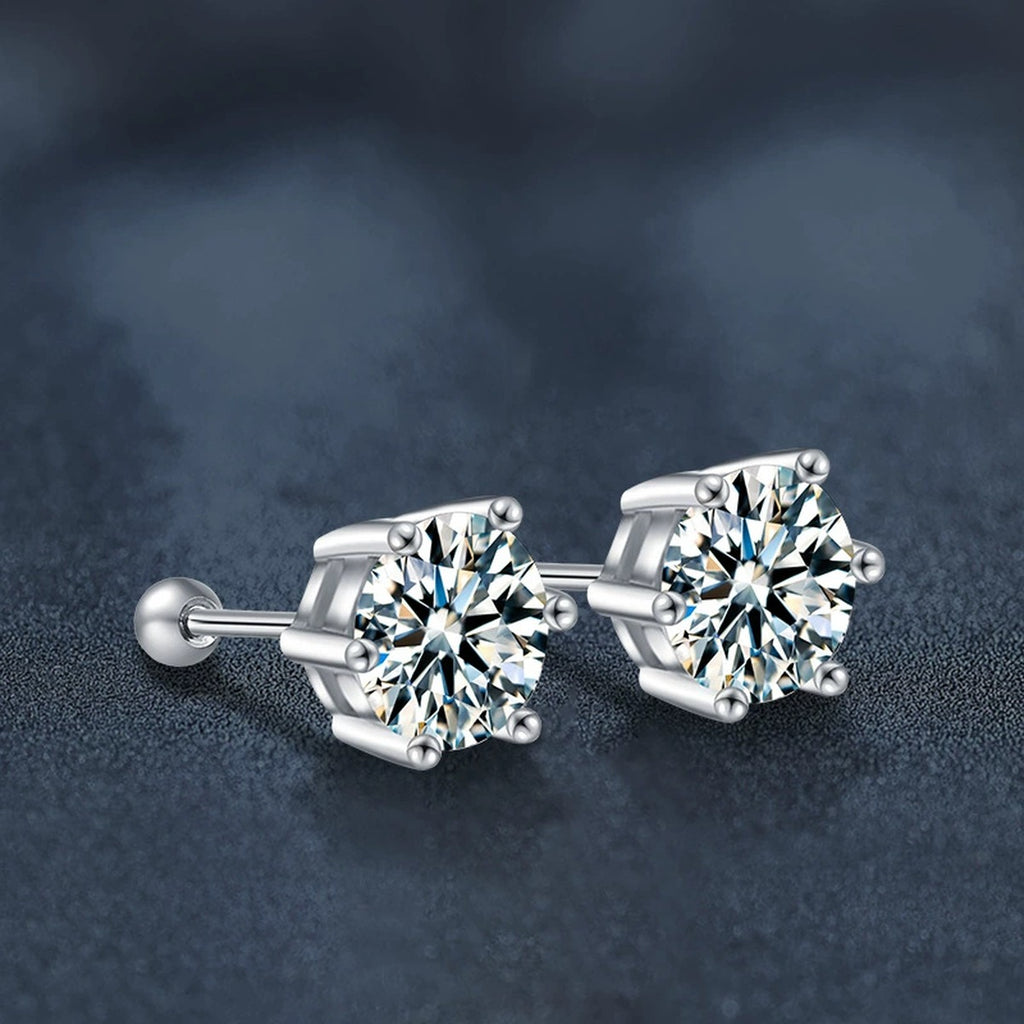 Six-Prong Round Moissanite Screw-Back Stud Earrings in Gold-Plated S925 sterling silver product scene view showing pair comparison