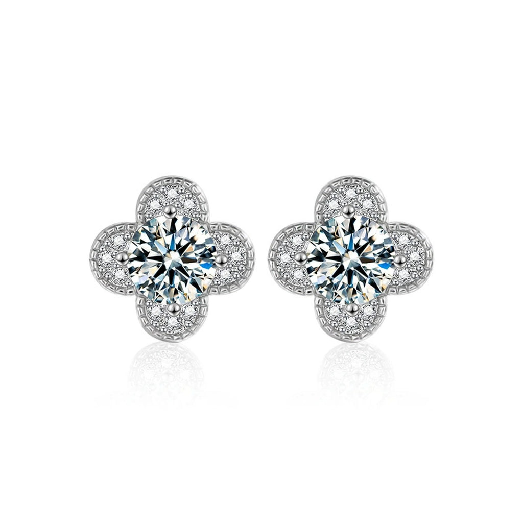 Four-Leaf Clover Round Moissanite Stud Earrings with CZ in White Gold-Plated S925 sterling silver white background product photo showing the pair, stone shape, and stud earrings silhouette