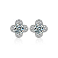 Four-Leaf Clover Round Moissanite Stud Earrings with CZ in White Gold-Plated S925 sterling silver white background product photo showing the pair, stone shape, and stud earrings silhouette