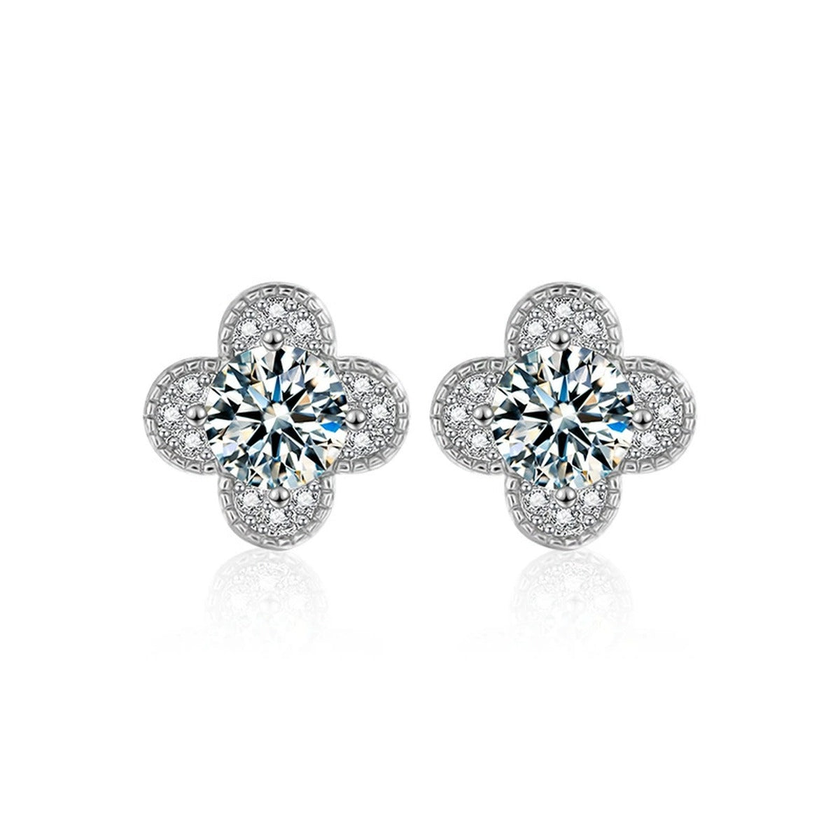 Four-Leaf Clover Round Moissanite Stud Earrings with CZ in White Gold-Plated S925 sterling silver white background product photo showing the pair, stone shape, and stud earrings silhouette