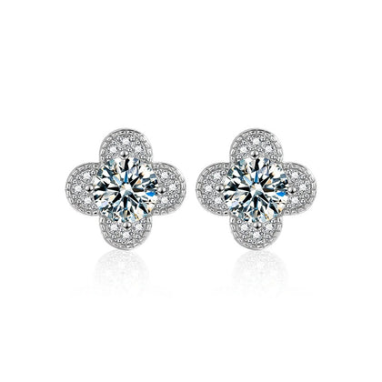 Four-Leaf Clover Round Moissanite Stud Earrings with CZ in White Gold-Plated S925 sterling silver white background product photo showing the pair, stone shape, and stud earrings silhouette