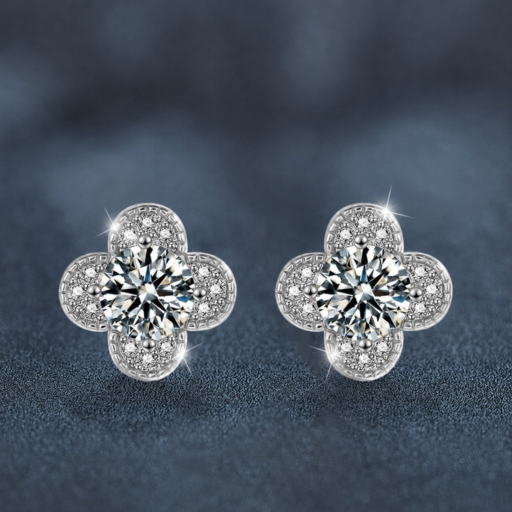 Four-Leaf Clover Round Moissanite Stud Earrings with CZ in White Gold-Plated S925 sterling silver product scene view showing front sparkle