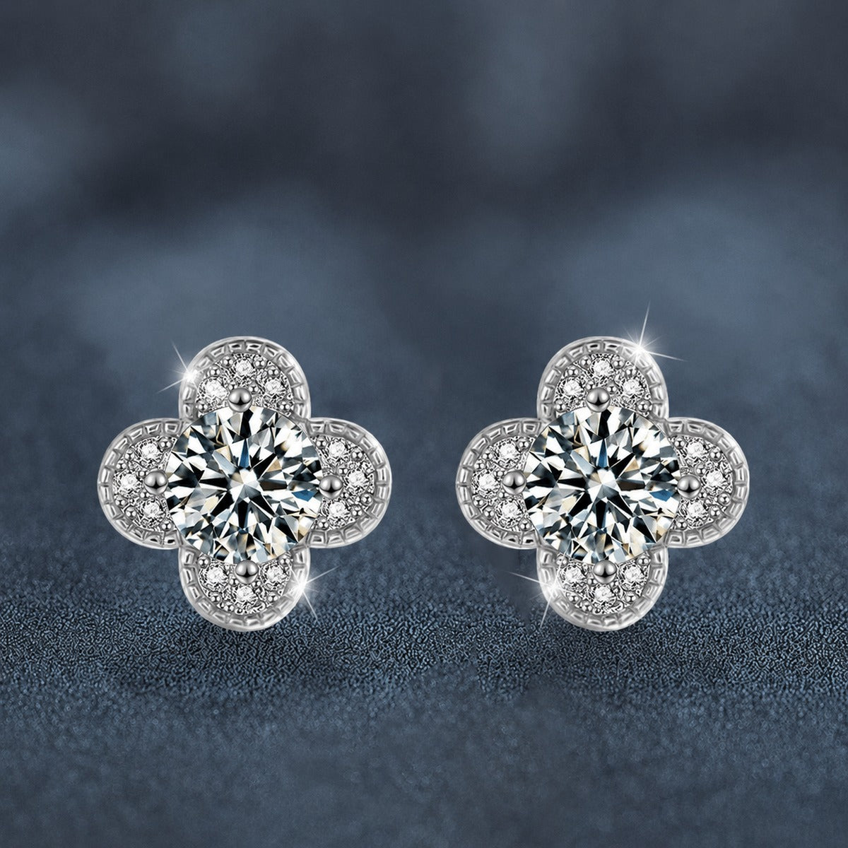 Four-Leaf Clover Round Moissanite Stud Earrings with CZ in White Gold-Plated S925 sterling silver product scene view showing front sparkle