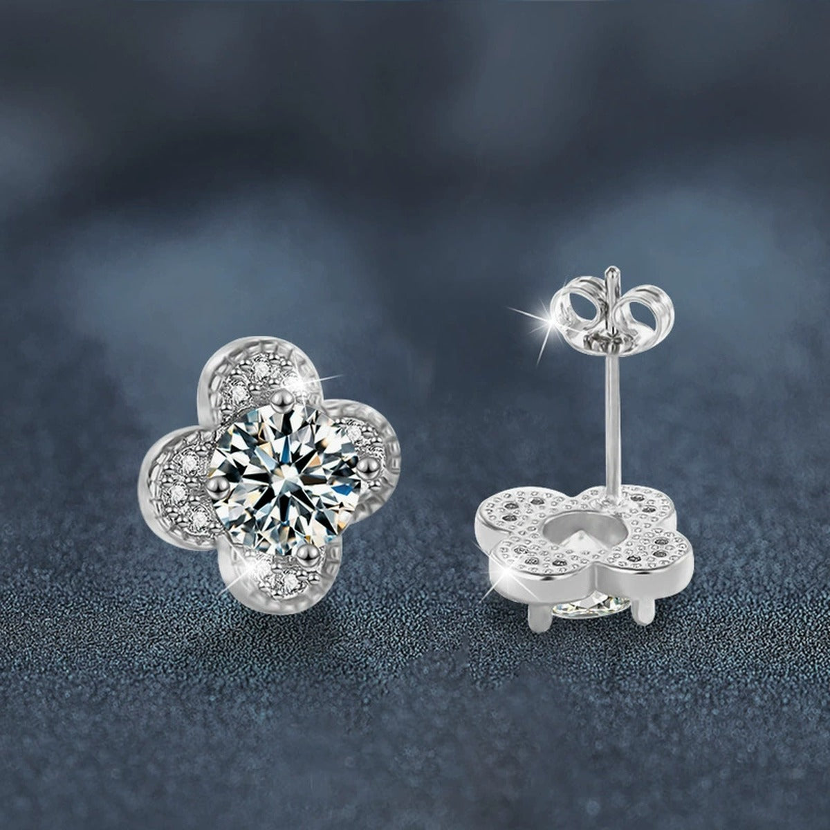 Four-Leaf Clover Round Moissanite Stud Earrings with CZ in White Gold-Plated S925 sterling silver product scene view showing angled setting detail