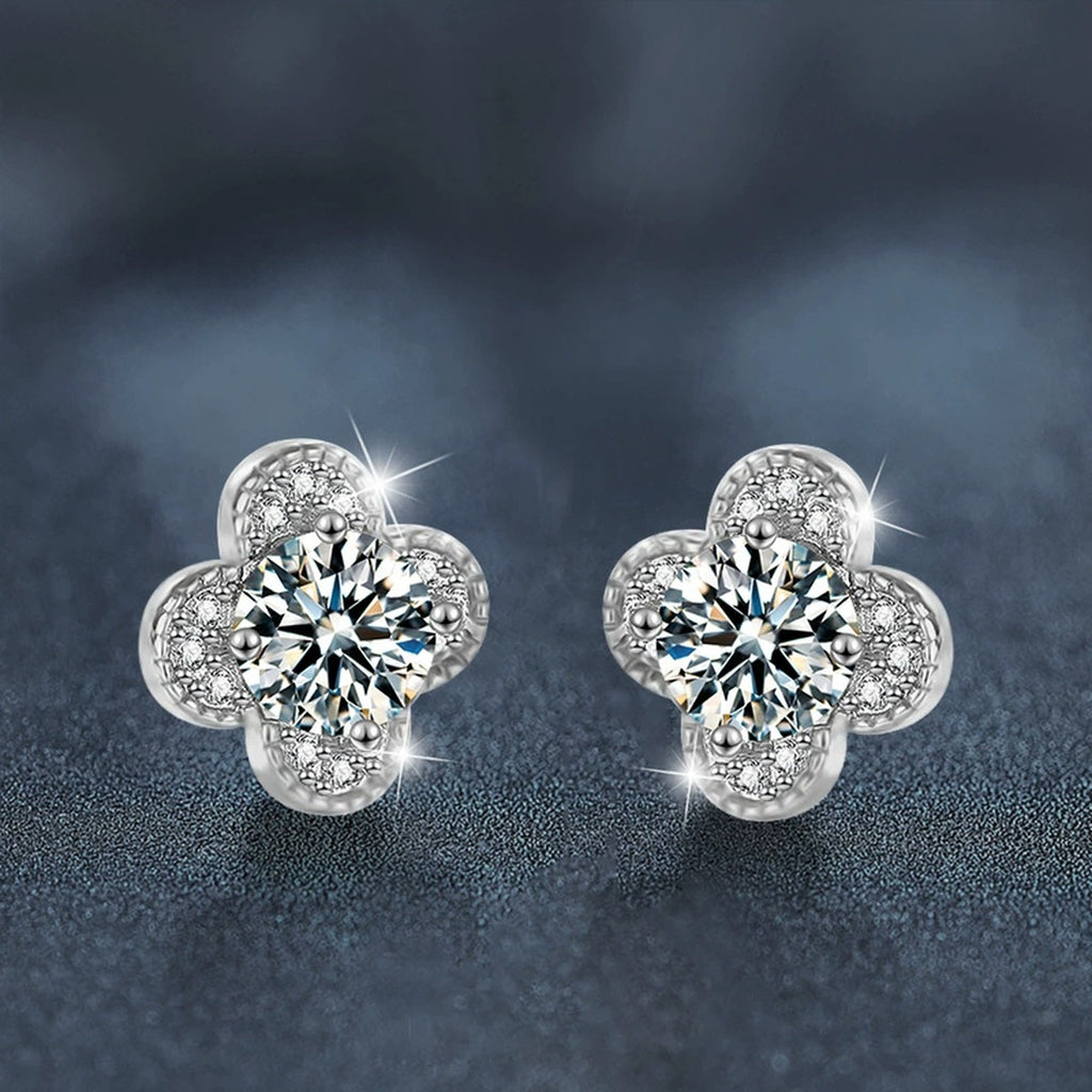 Four-Leaf Clover Round Moissanite Stud Earrings with CZ in White Gold-Plated S925 sterling silver product scene view showing side profile