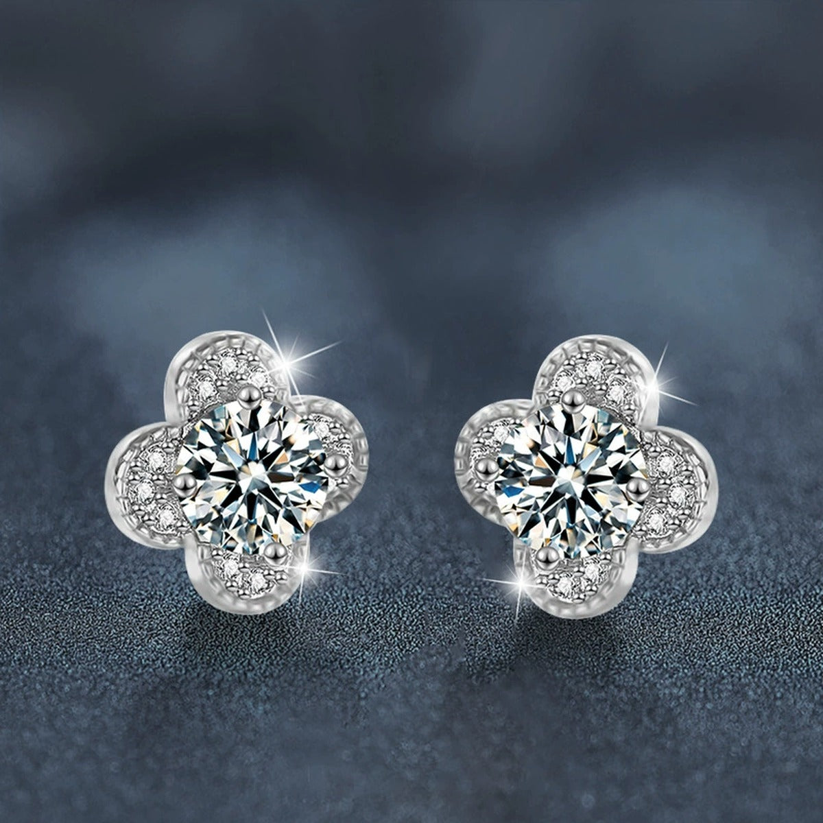 Four-Leaf Clover Round Moissanite Stud Earrings with CZ in White Gold-Plated S925 sterling silver product scene view showing side profile