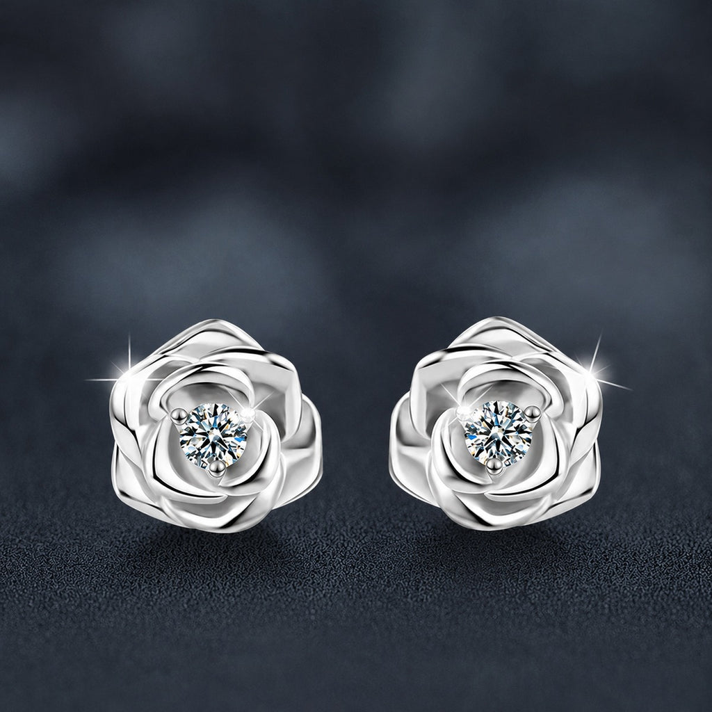 Rose Flower Round Moissanite Stud Earrings in Gold-Plated S925 sterling silver product scene view showing front sparkle