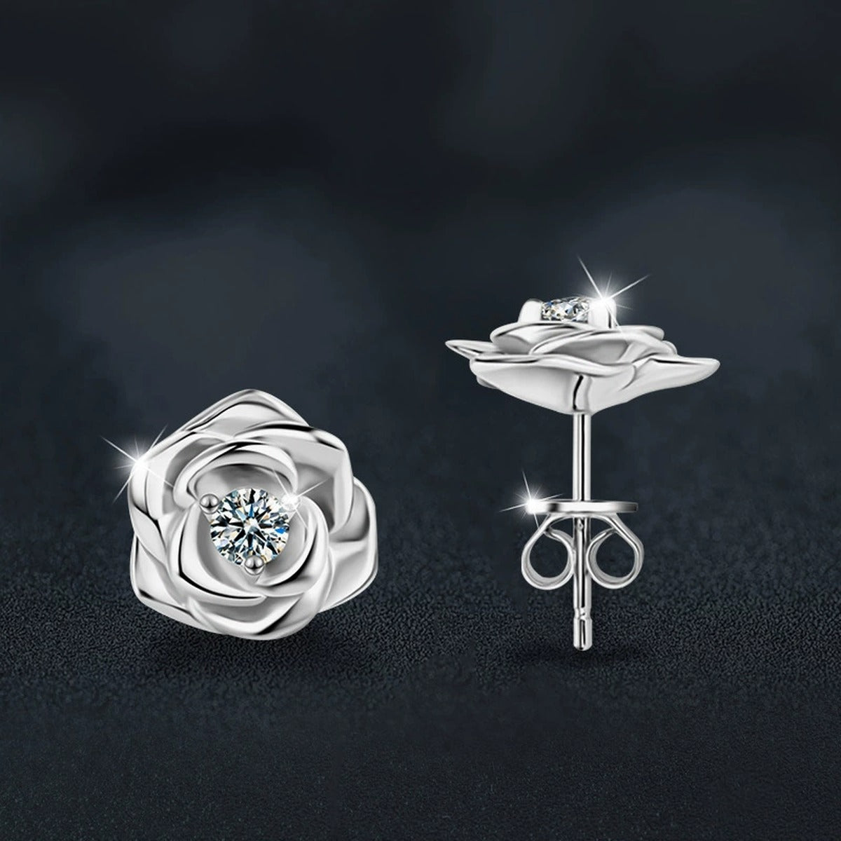 Rose Flower Round Moissanite Stud Earrings in Gold-Plated S925 sterling silver product scene view showing angled setting detail