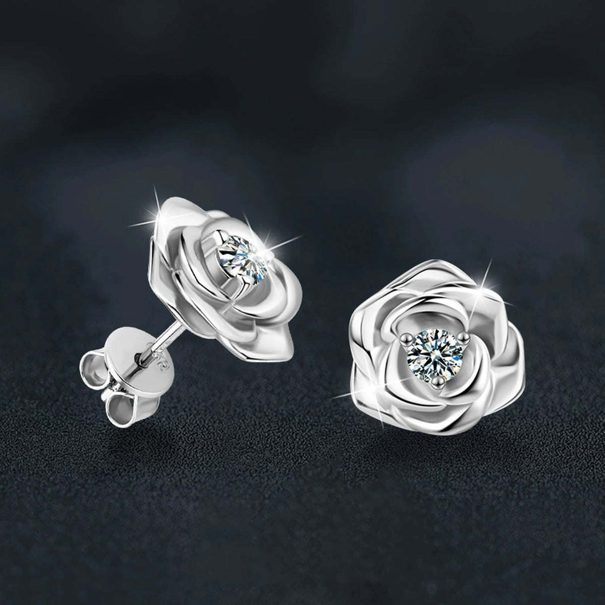 Rose Flower Round Moissanite Stud Earrings in Gold-Plated S925 sterling silver product scene view showing side profile