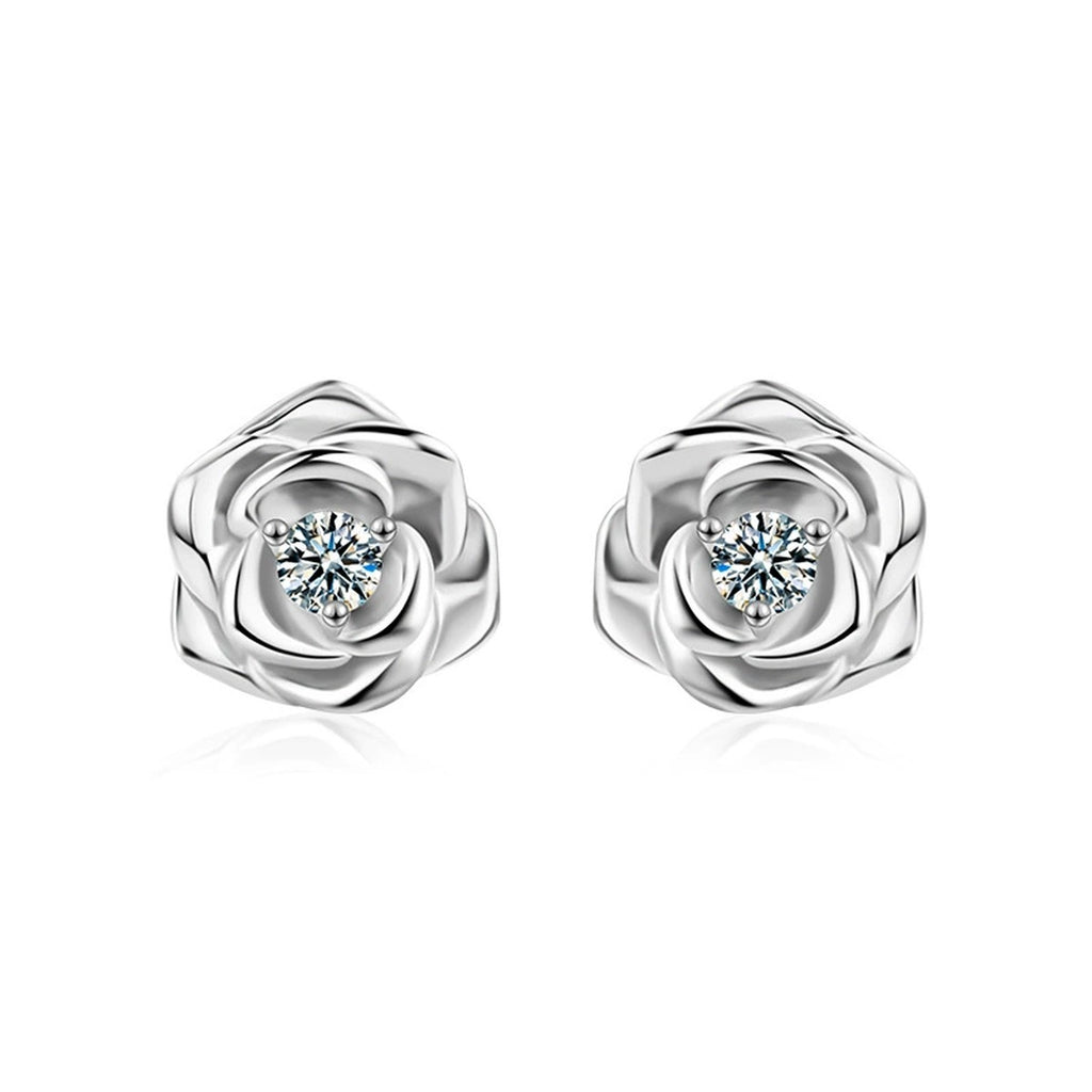Rose Flower Round Moissanite Stud Earrings in Gold-Plated S925 sterling silver product scene view showing pair comparison