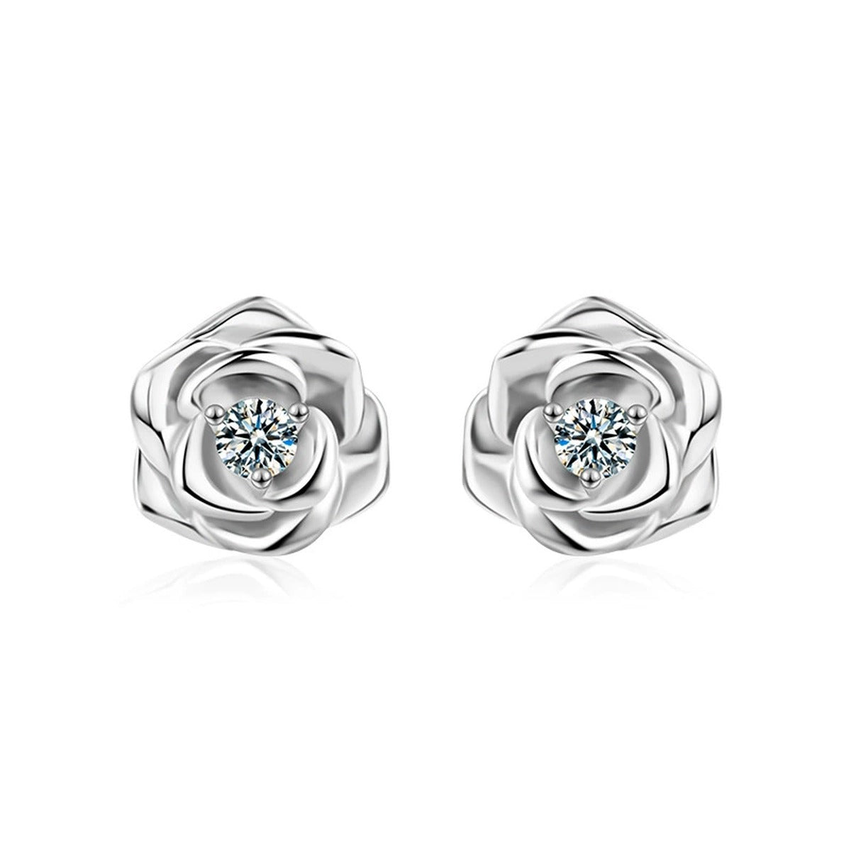 Rose Flower Round Moissanite Stud Earrings in Gold-Plated S925 sterling silver product scene view showing pair comparison