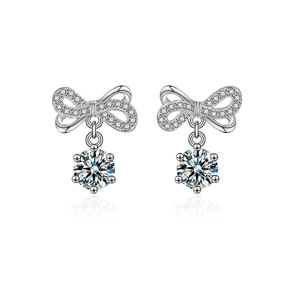 Bowknot Round Moissanite Stud Dangle Earrings with CZ in White Gold-Plated S925 sterling silver white background product photo showing the pair, stone shape, and stud dangle earrings silhouette