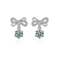 Bowknot Round Moissanite Stud Dangle Earrings with CZ in White Gold-Plated S925 sterling silver white background product photo showing the pair, stone shape, and stud dangle earrings silhouette