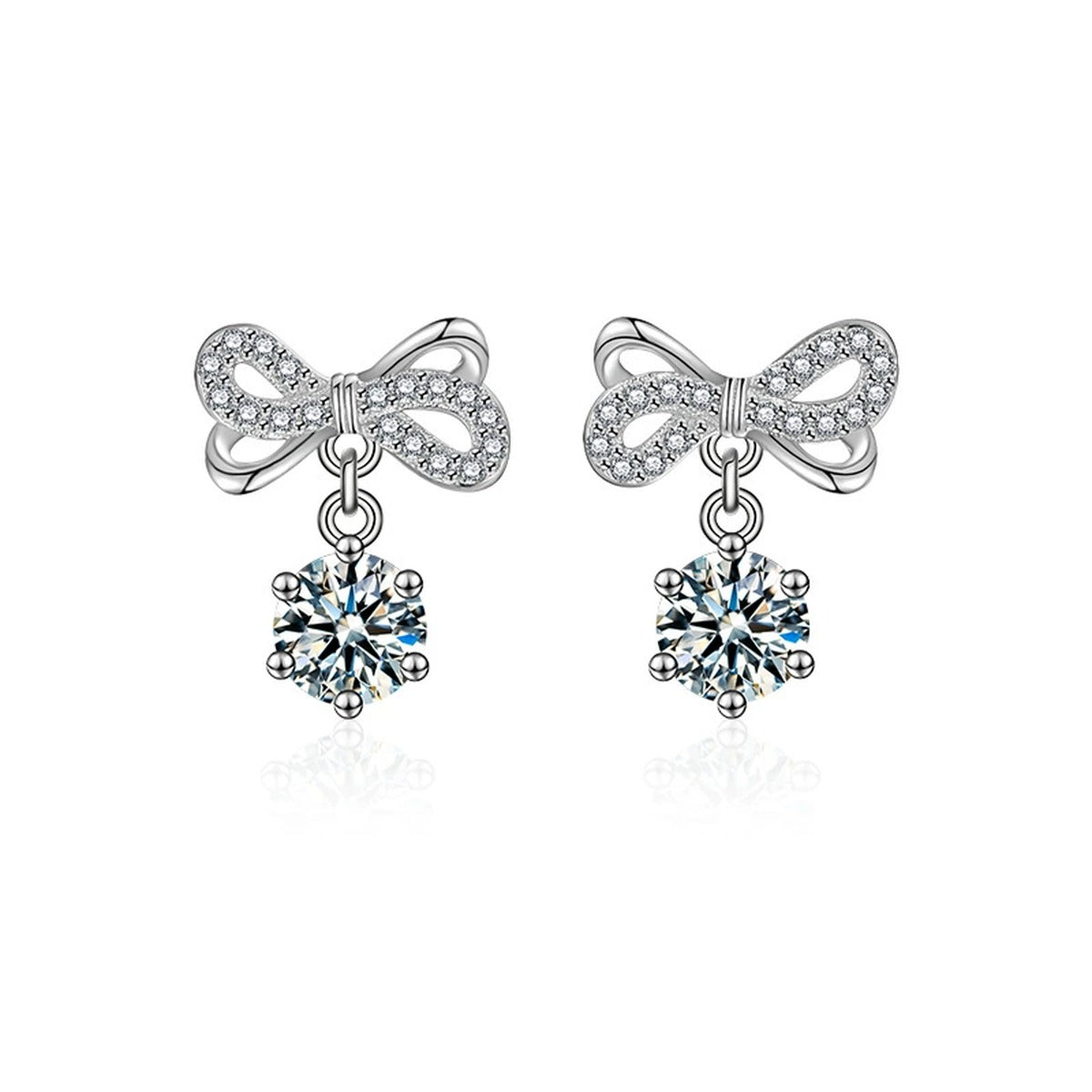 Bowknot Round Moissanite Stud Dangle Earrings with CZ in White Gold-Plated S925 sterling silver white background product photo showing the pair, stone shape, and stud dangle earrings silhouette