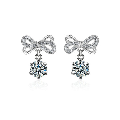 Bowknot Round Moissanite Stud Dangle Earrings with CZ in White Gold-Plated S925 sterling silver white background product photo showing the pair, stone shape, and stud dangle earrings silhouette