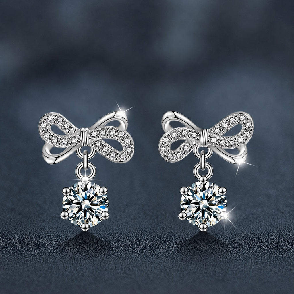 Bowknot Round Moissanite Stud Dangle Earrings with CZ in White Gold-Plated S925 sterling silver product scene view showing front sparkle