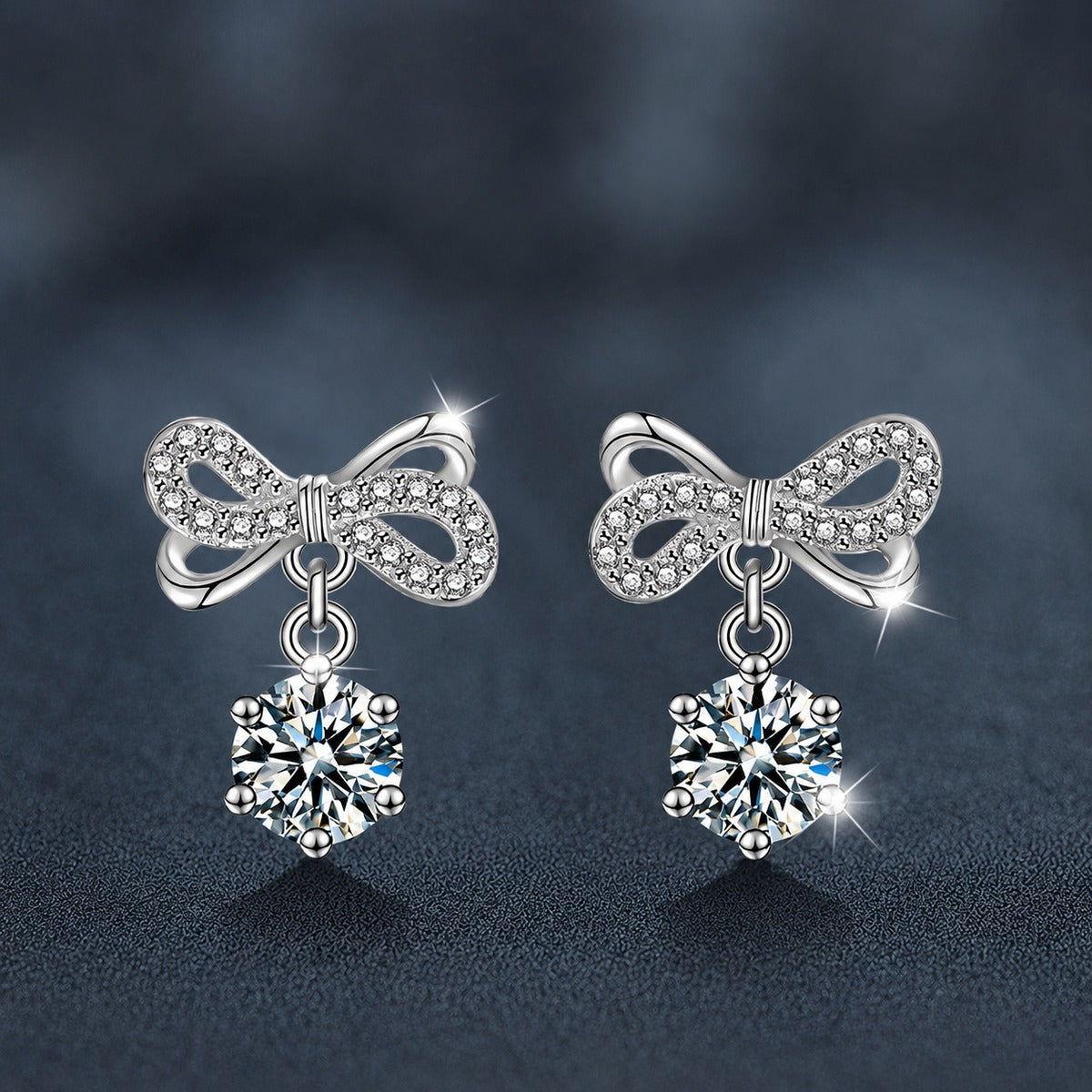 Bowknot Round Moissanite Stud Dangle Earrings with CZ in White Gold-Plated S925 sterling silver product scene view showing front sparkle