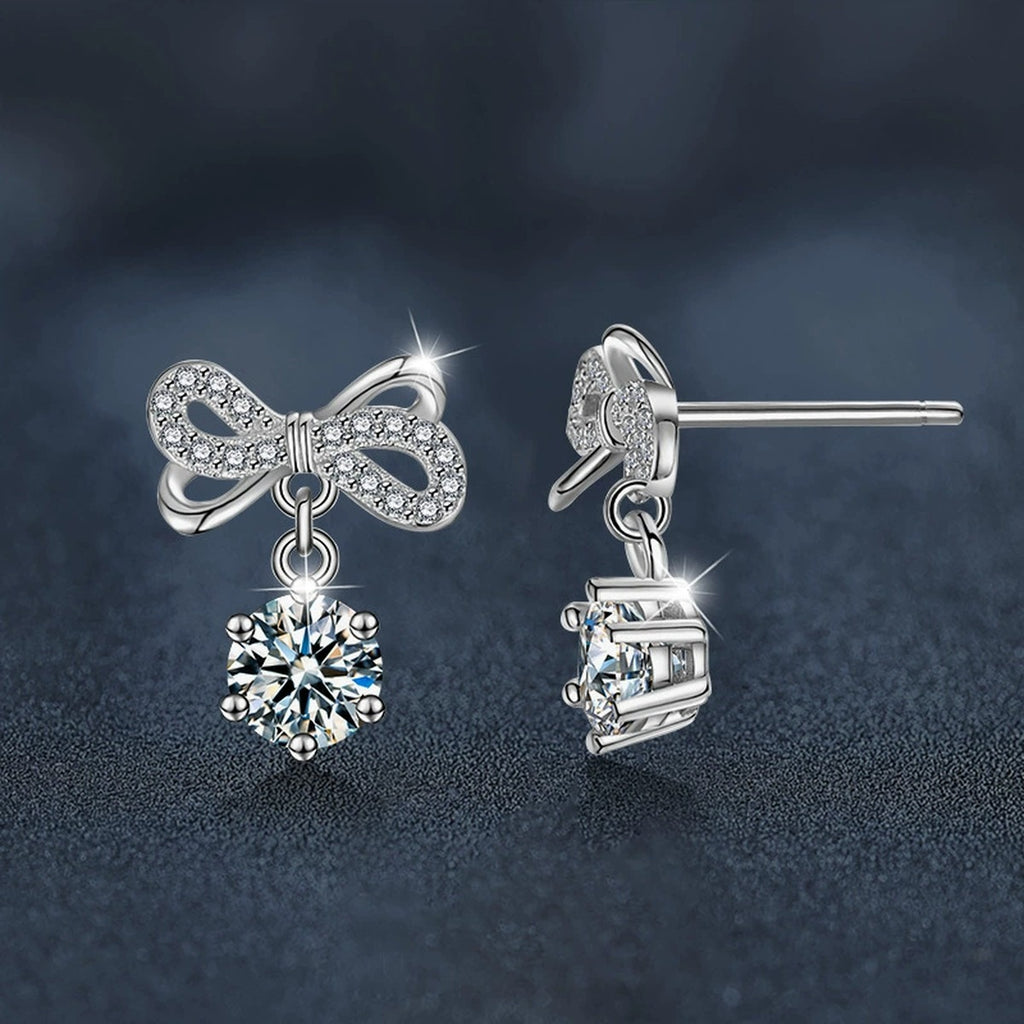 Bowknot Round Moissanite Stud Dangle Earrings with CZ in White Gold-Plated S925 sterling silver product scene view showing angled setting detail