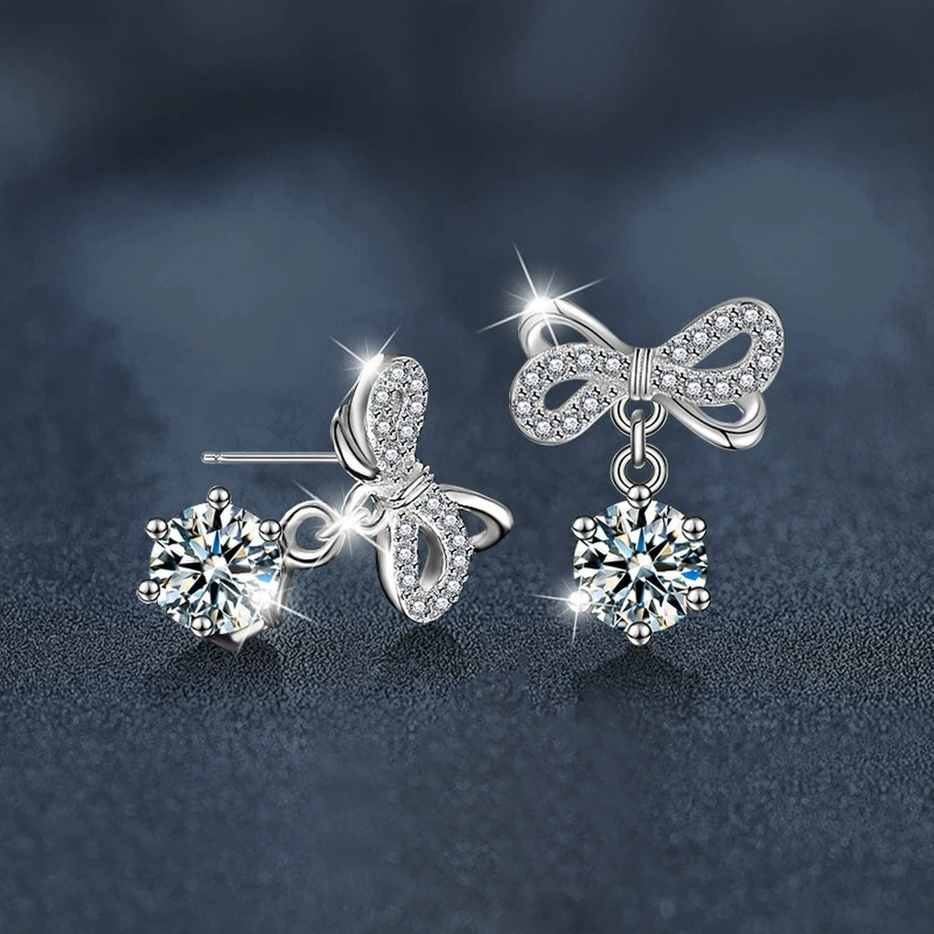 Bowknot Round Moissanite Stud Dangle Earrings with CZ in White Gold-Plated S925 sterling silver product scene view showing side profile
