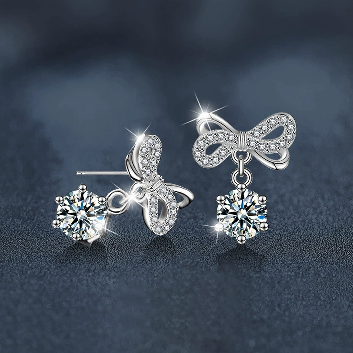 Bowknot Round Moissanite Stud Dangle Earrings with CZ in White Gold-Plated S925 sterling silver product scene view showing side profile