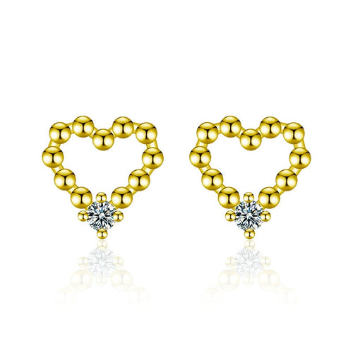 Beaded Heart Round Moissanite Stud Earrings in Gold-Plated S925 sterling silver white background product photo showing the pair, stone shape, and stud earrings silhouette