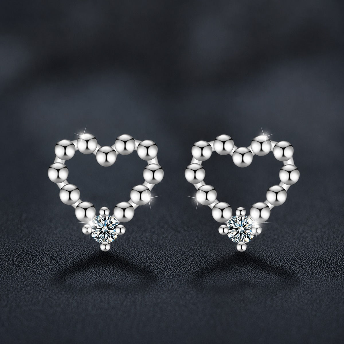 Beaded Heart Round Moissanite Stud Earrings in Gold-Plated S925 sterling silver product scene view showing angled setting detail