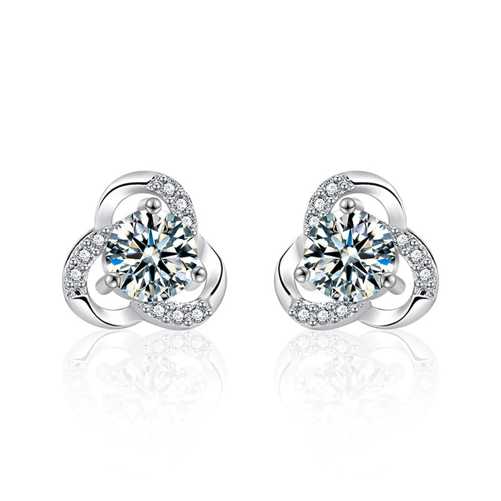 Three-Leaf Clover Round Moissanite Stud Earrings with CZ in White Gold-Plated S925 sterling silver white background product photo showing the pair, stone shape, and stud earrings silhouette