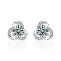 Three-Leaf Clover Round Moissanite Stud Earrings with CZ in White Gold-Plated S925 sterling silver white background product photo showing the pair, stone shape, and stud earrings silhouette