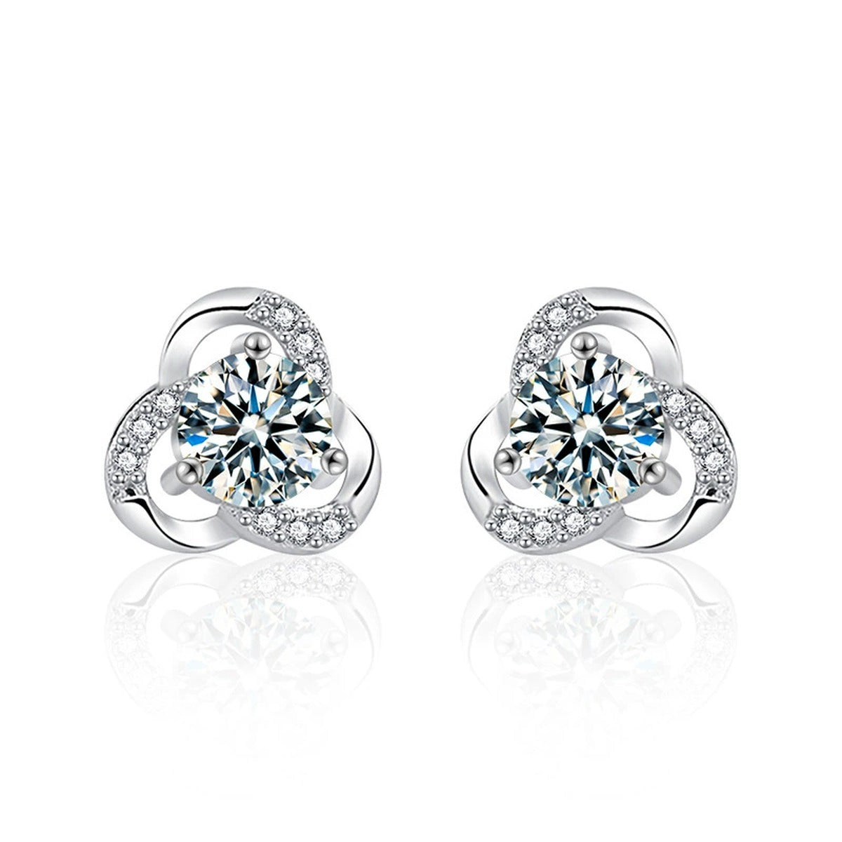 Three-Leaf Clover Round Moissanite Stud Earrings with CZ in White Gold-Plated S925 sterling silver white background product photo showing the pair, stone shape, and stud earrings silhouette
