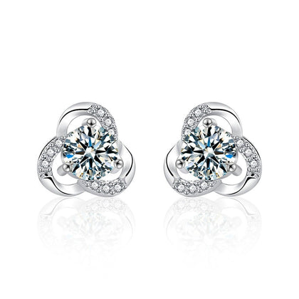 Three-Leaf Clover Round Moissanite Stud Earrings with CZ in White Gold-Plated S925 sterling silver white background product photo showing the pair, stone shape, and stud earrings silhouette