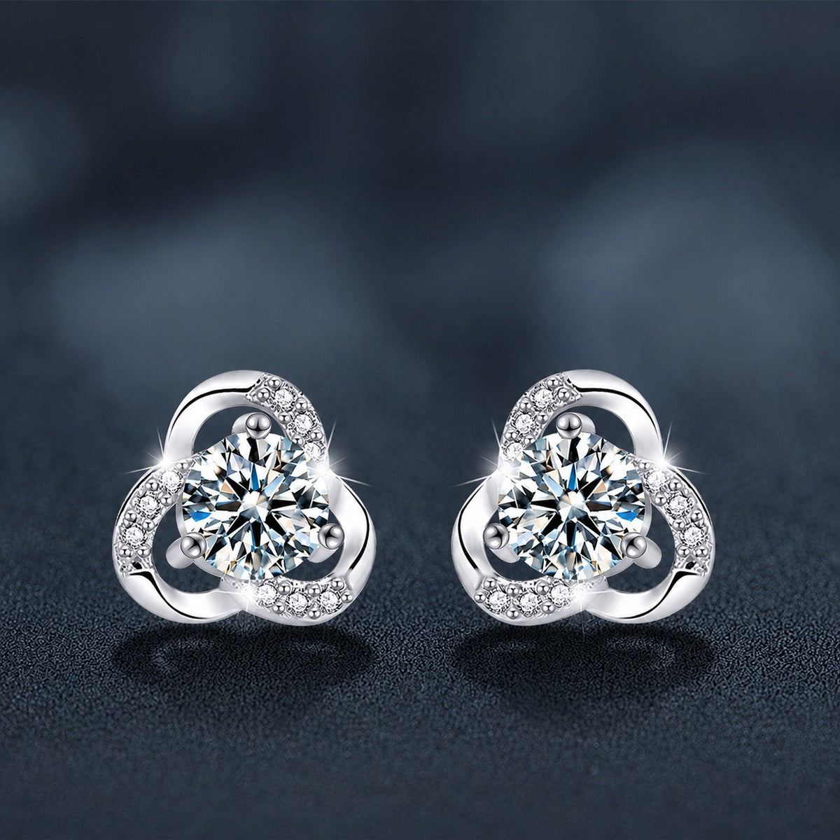 Three-Leaf Clover Round Moissanite Stud Earrings with CZ in White Gold-Plated S925 sterling silver product scene view showing front sparkle