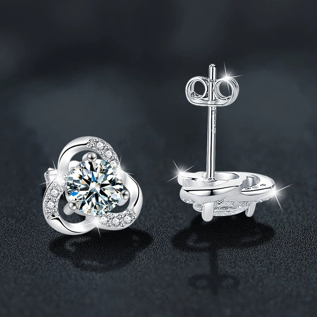 Three-Leaf Clover Round Moissanite Stud Earrings with CZ in White Gold-Plated S925 sterling silver product scene view showing angled setting detail