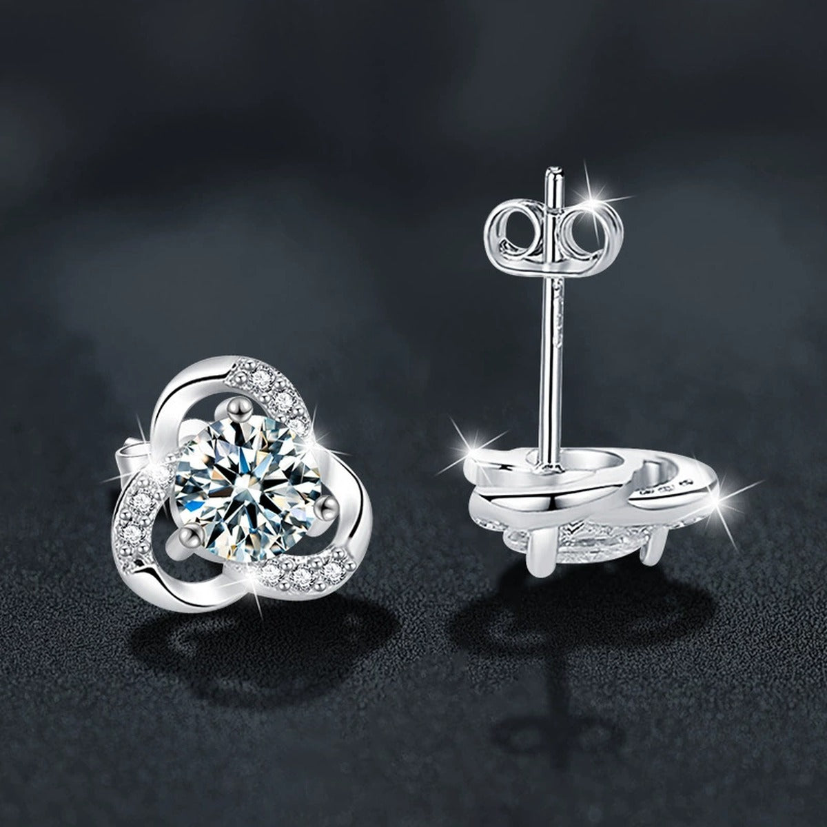 Three-Leaf Clover Round Moissanite Stud Earrings with CZ in White Gold-Plated S925 sterling silver product scene view showing angled setting detail