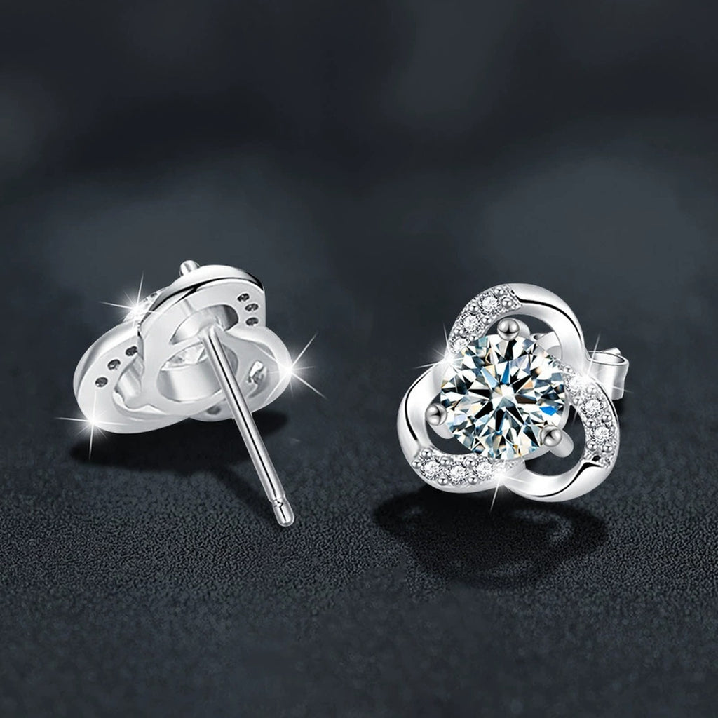 Three-Leaf Clover Round Moissanite Stud Earrings with CZ in White Gold-Plated S925 sterling silver product scene view showing side profile