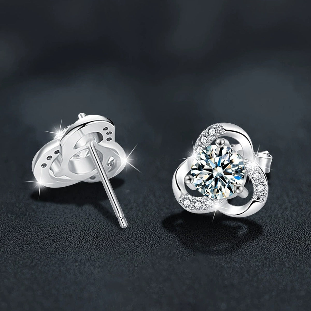 Three-Leaf Clover Round Moissanite Stud Earrings with CZ in White Gold-Plated S925 sterling silver product scene view showing side profile