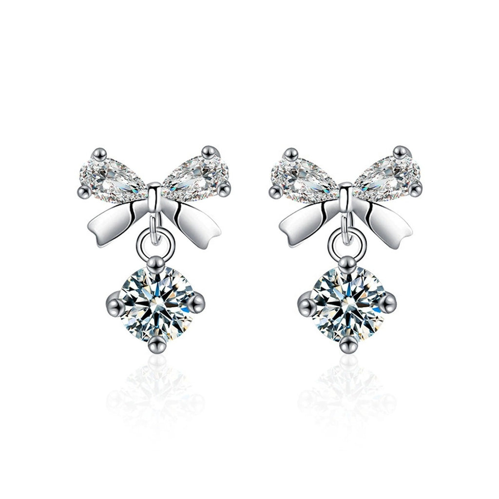 Bowknot Round Moissanite Stud Dangle Earrings with CZ in White Gold-Plated S925 sterling silver white background product photo showing the pair, stone shape, and stud dangle earrings silhouette