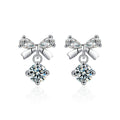 Bowknot Round Moissanite Stud Dangle Earrings with CZ in White Gold-Plated S925 sterling silver white background product photo showing the pair, stone shape, and stud dangle earrings silhouette