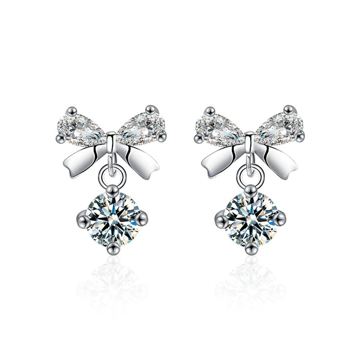 Bowknot Round Moissanite Stud Dangle Earrings with CZ in White Gold-Plated S925 sterling silver white background product photo showing the pair, stone shape, and stud dangle earrings silhouette