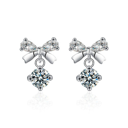 Bowknot Round Moissanite Stud Dangle Earrings with CZ in White Gold-Plated S925 sterling silver white background product photo showing the pair, stone shape, and stud dangle earrings silhouette