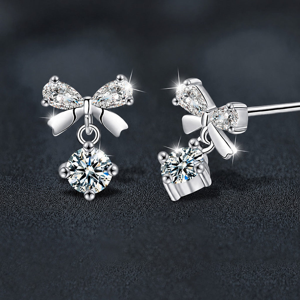 Bowknot Round Moissanite Stud Dangle Earrings with CZ in White Gold-Plated S925 sterling silver product scene view showing front sparkle