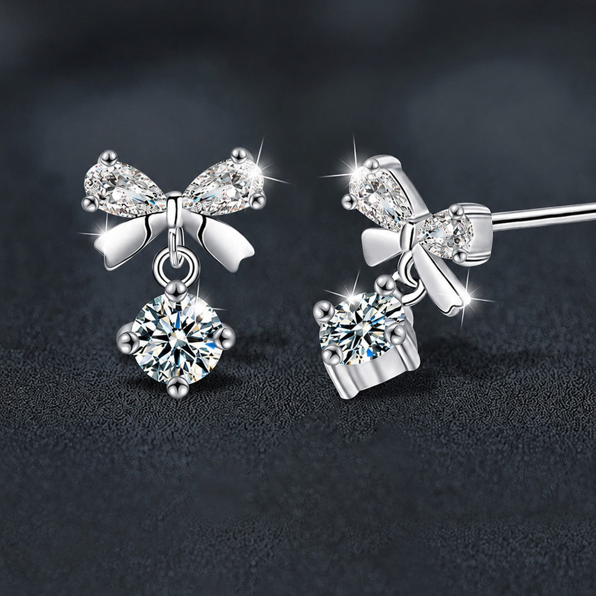 Bowknot Round Moissanite Stud Dangle Earrings with CZ in White Gold-Plated S925 sterling silver product scene view showing front sparkle