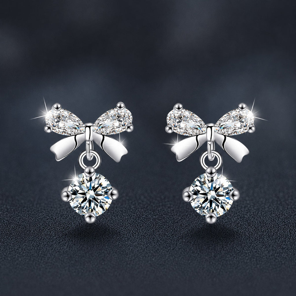 Bowknot Round Moissanite Stud Dangle Earrings with CZ in White Gold-Plated S925 sterling silver product scene view showing angled setting detail