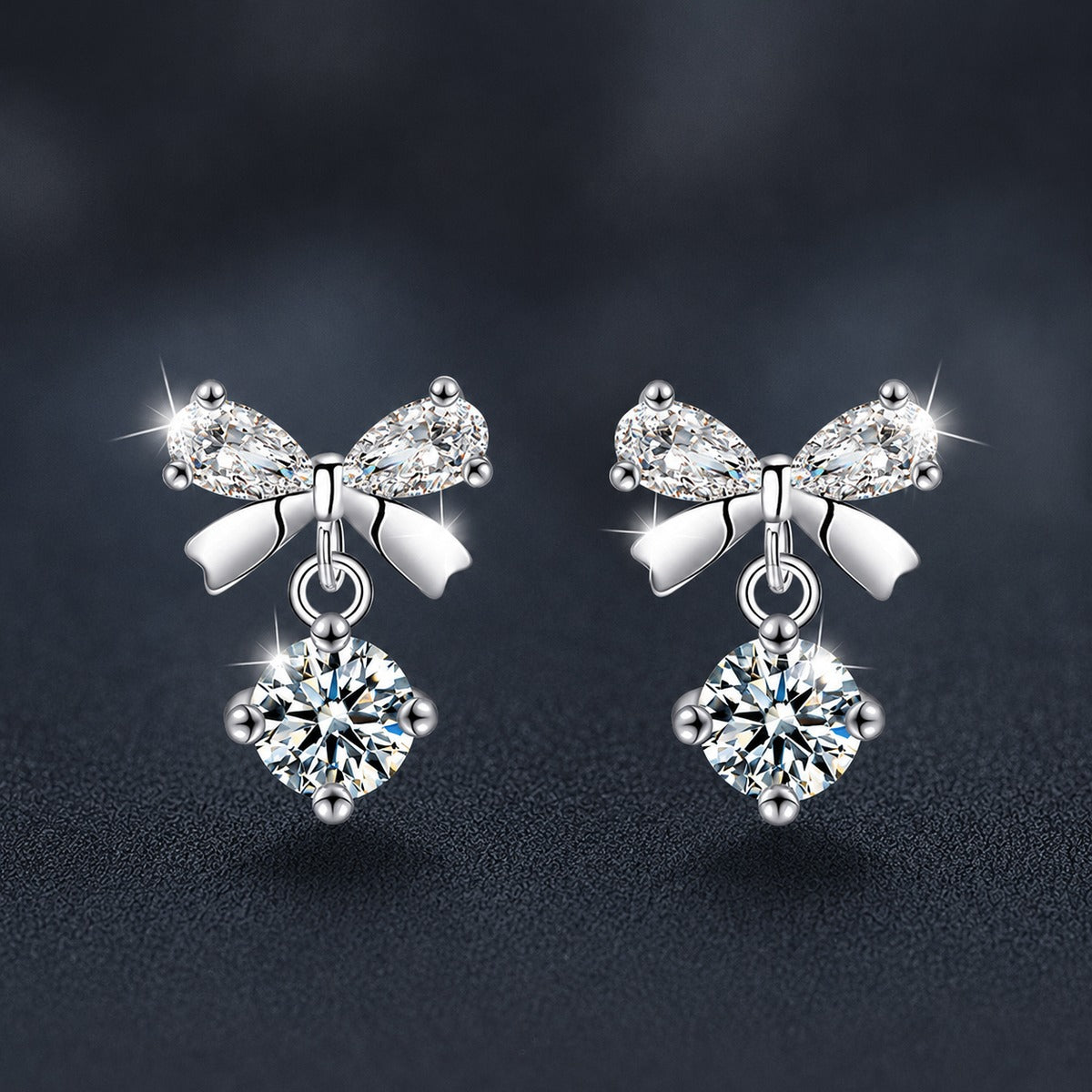 Bowknot Round Moissanite Stud Dangle Earrings with CZ in White Gold-Plated S925 sterling silver product scene view showing angled setting detail