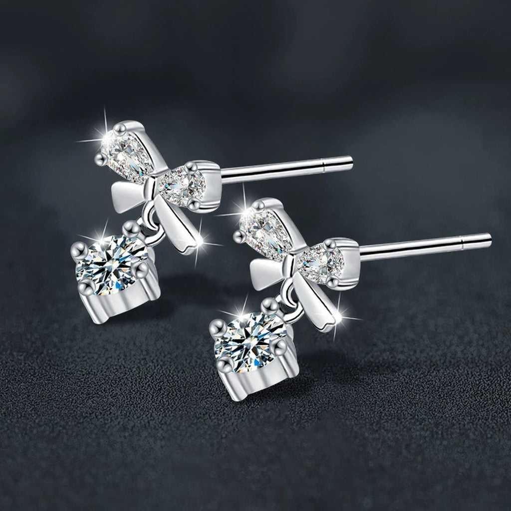 Bowknot Round Moissanite Stud Dangle Earrings with CZ in White Gold-Plated S925 sterling silver product scene view showing side profile